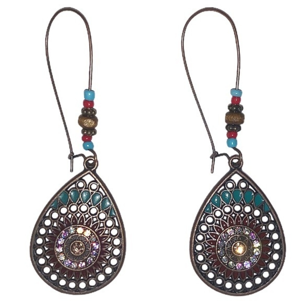 Antique brass teardrop BOHO dangle beaded earrings